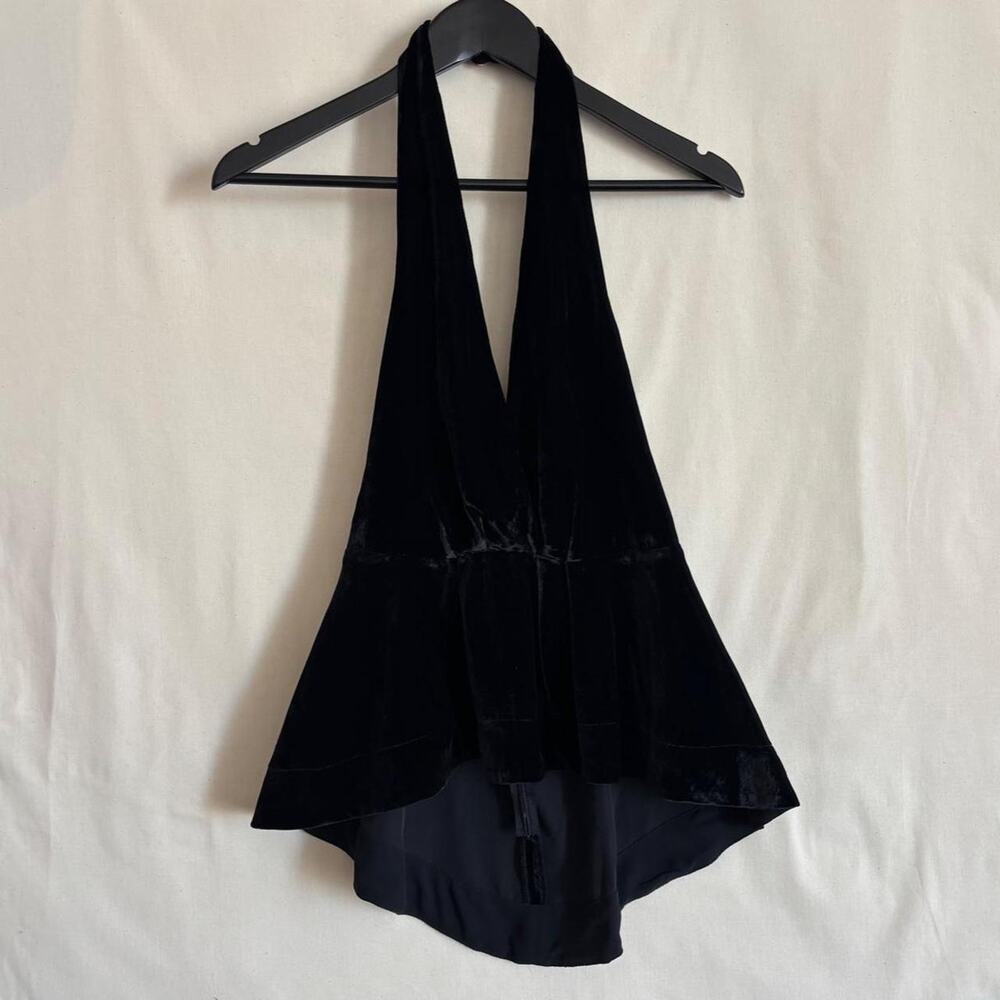 VTG Y2K Express Black Velvet Halter Top Deep V Whimsygoth - Size 4